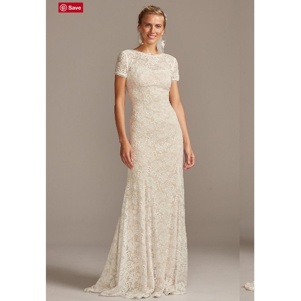 Short Sleeve Low Back Stretch Lace Wedding Dress, Davids Bridal